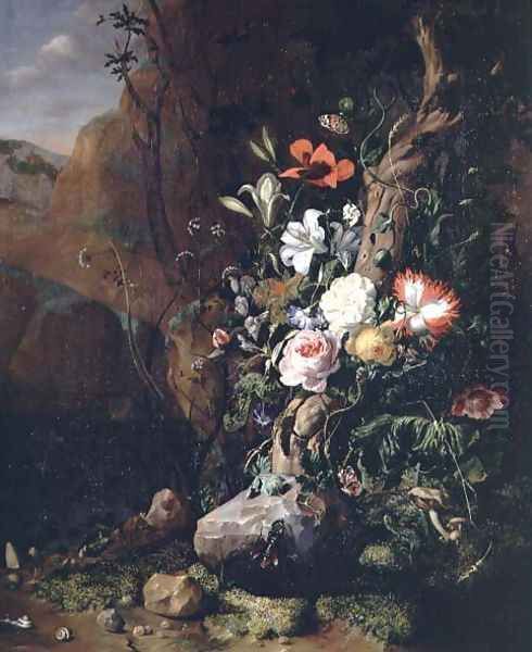 Treetrunk, flowers and butterflies - view 1