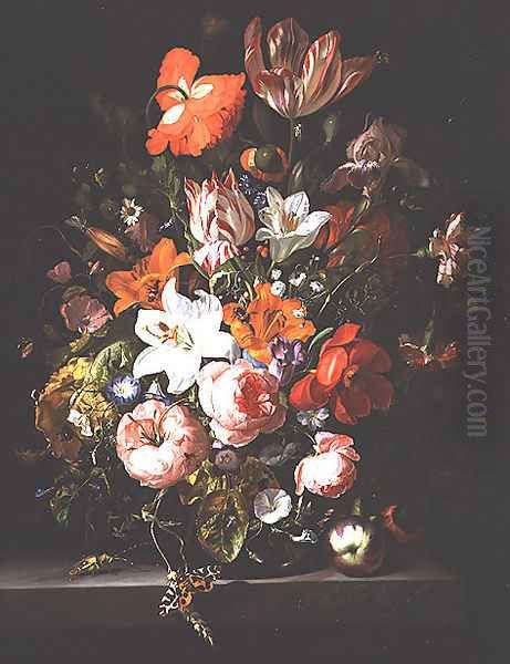 Still life of roses, lilies, tulips and other flowers in a glass vase with a Brindled Beauty on a stone ledge, 1704 - view 1