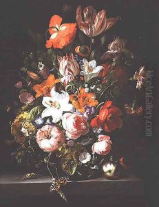 Still life of roses, lilies, tulips and other flowers in a glass vase with a Brindled Beauty on a stone ledge, 1704 by Rachel Ruysch