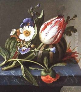 Still life of a tulip, a melon and flowers on a ledge by Rachel Ruysch