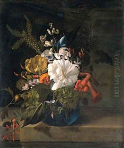 A white gentian, a cactus, a tulip and exotic flowers in a glass vase on a ledge by Rachel Ruysch