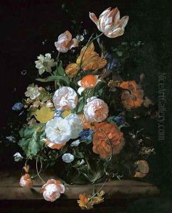Roses, tulips and other flowers in a glass vase on a stone ledge by Rachel Ruysch