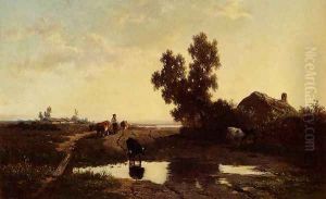 A Cowherd And His Cattle At Sunset by Willem Roelofs