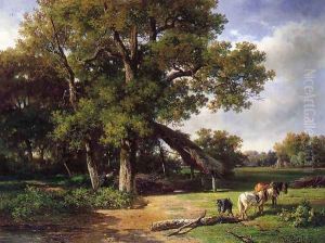 A Wooded Landscape with Farmers Gathering Wood by Willem Roelofs