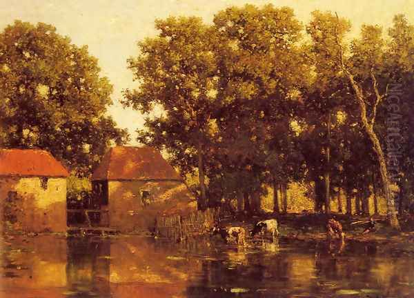 A Sunlit River Landscape With Cows Watering - view 1