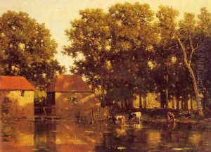 A Sunlit River Landscape With Cows Watering by Willem Roelofs