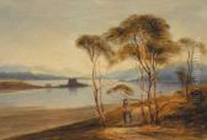 Woman On A Path By A Lake, Castle Beyond Woman On A Path By A Lake, Castle Beyond