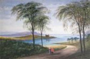 Dunstaffnage Castle With Figures On The Shore by Andrew Nicholl