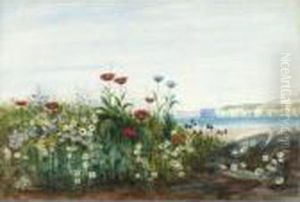 A Bank Of Wild Flowers With The North Antrim Coast Beyond by Andrew Nicholl