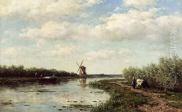 Figures On A Country Road Along A Waterway A Windmill In The Distance - view 1