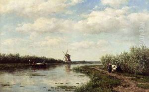 Figures On A Country Road Along A Waterway A Windmill In The Distance by Willem Roelofs