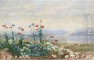 A Bank Of Wild Flowers With Cattle Grazing, A Lough And Castle Beyond by Andrew Nicholl