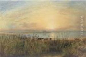 A Lake Landscape With Cattle Grazing And A Castle Beyond A Lake Landscape With Cattle Grazing And A Castle Beyond