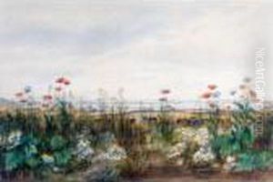 A Bank Of Wild Flowers With Cattle Grazing, A Coastal Town Beyond by Andrew Nicholl