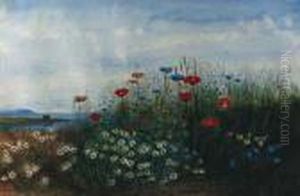 A Coastal Landscape With Poppies, Cornflowers, Daisies And Grassesin The Foreground by Andrew Nicholl