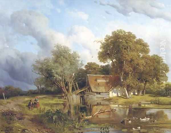 A wooded landscape with children playing by a pond by Willem Roelofs