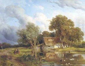 A wooded landscape with children playing by a pond by Willem Roelofs