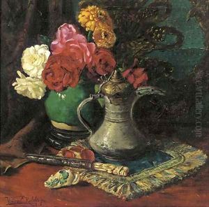 Roses in a chinese jar amongst oriental objects
