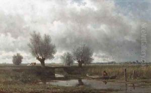 Na de regen a fisherman in a polder landscape by Willem Roelofs