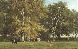 Interieur de foret (souvenir de Fontainebleau) cattle grazing by birch trees, Fontainebleau by Willem Roelofs