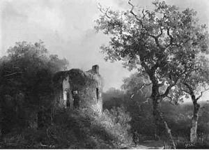 A wooded river landscape with a sportsman near a ruin by Willem Roelofs