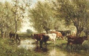 Cattle by a wooded pond by Willem Roelofs