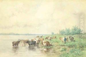 Cattle grazing by the riverside by Willem Roelofs