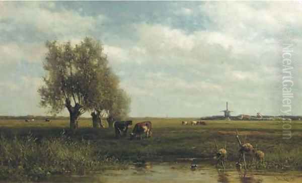Cows by a stream in a polder landscape - view 1