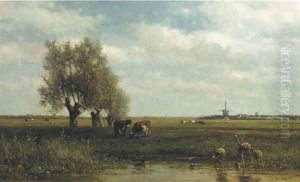 Cows by a stream in a polder landscape by Willem Roelofs