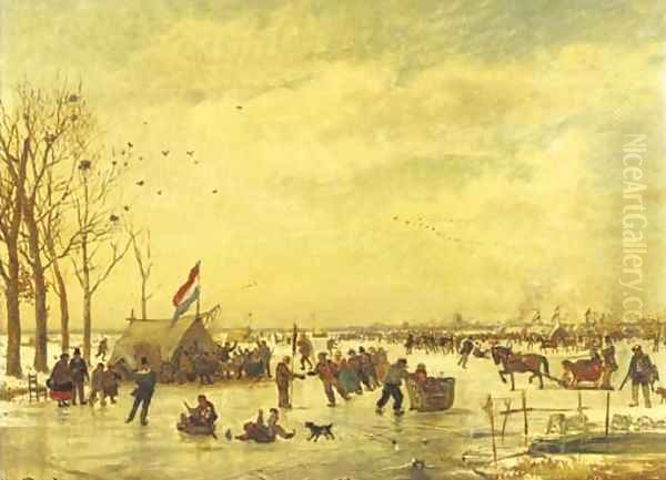 Hollandsch IJsvermaak a populous crowd enjoying a day on the ice with Rotterdam in the distance - view 1