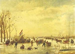 Hollandsch IJsvermaak a populous crowd enjoying a day on the ice with Rotterdam in the distance by Willem Roelofs