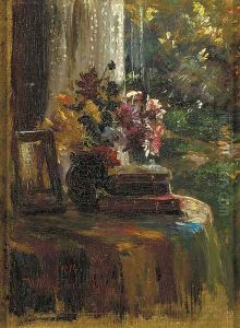 A still life of a mixed bouquet and books on a table