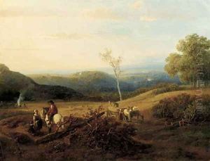A panoramic summerlandscape with harvesters by Willem Roelofs