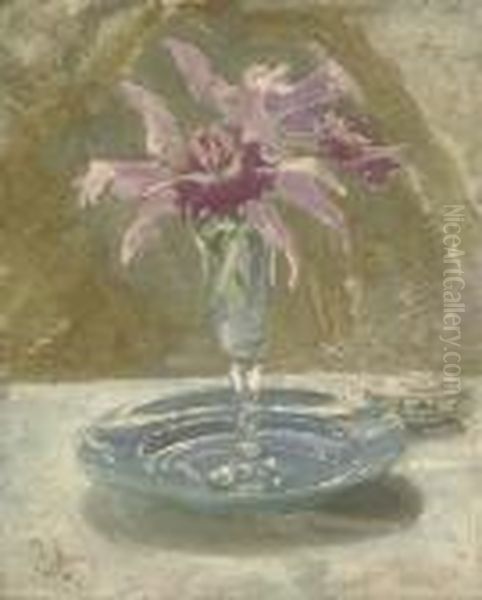 Pink Cattleyas In A Wine Glass On A Plate - view 1