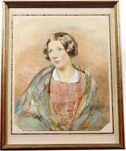 A Scottish Lady Half Length, 
Wearing Tartan Shawl, Red Dress With White Collar, Her Hair Parted And 
Upswept
