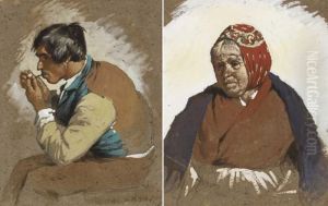 A Young Man Lighting His Pipe And An Old Woman With A Red Scarf by Erskine Nicol