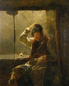 Interior With Man Mending Clothes