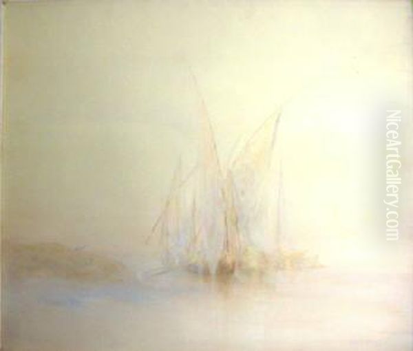 'fishing Boats Off The Coast', Watercolour, 48cm X 74cm, Signed, Framed - view 1