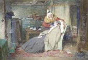 R.c.a., A.r.a. "her Ain Bain", 
Cottage Interior With An Elderly Lady Attending A Young Girl Signed And 
Dated "1887", Also Inscribed With The Title Of The Work And The Artist's
 Name And The Date On The Original Frame And Further Inscriptions On The
