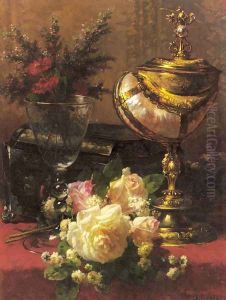 A Bouquet of Roses and other Flowers in a Glass Goblet with a Chinese Lacquer Box and a Nautilus Cup on a red Velvet draped Table