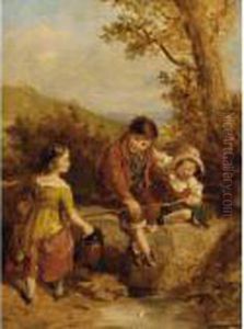 Children Playing By A Stream by Erskine Nicol