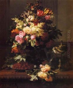 A Still Life of Roses, Tulips and other Flowers on a German Compote, a Plate of Raspberries, a Glass and a German Silver-gilt Nautilus Cup on a Table by Jean-Baptiste Robie