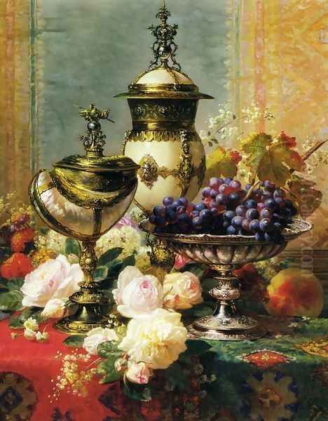 A Still Life with Roses, Grapes and A Silver Inlaid Nautilus Shell - view 1