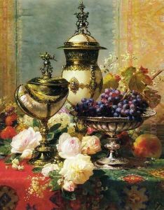A Still Life with Roses, Grapes and A Silver Inlaid Nautilus Shell by Jean-Baptiste Robie