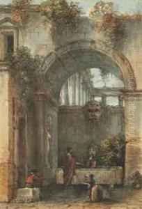 Figures By A Fountain Under A Roman Arch