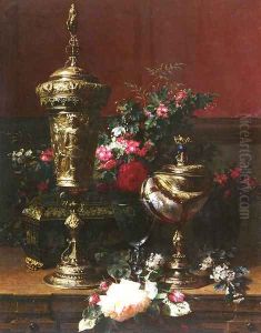 A Still Life With A German Cup, A Nautilus Cup, A Goblet An Cut Flowers On A Table by Jean-Baptiste Robie