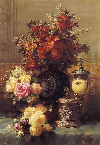 Still Life of Roses and Other Flowers, a Silver-gilt Ostrich Egg Cup and a German Gold-gilt Tankard on a Draped Table in an Interior - view 1