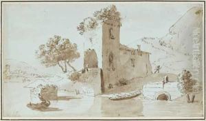 Vue Animee D'un Pont En Ruine by Victor-Jean Nicolle