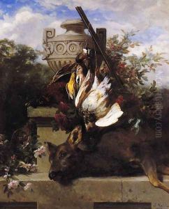 Still Life with Game and a Rifle on a Marble Ledge with an Urn in a Flowery Landscape by Jean-Baptiste Robie
