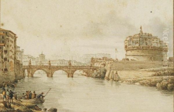 Vue Du Pont Et Fort Saint-ange Sur Le Tibre A Rome Aquarelle - view 1